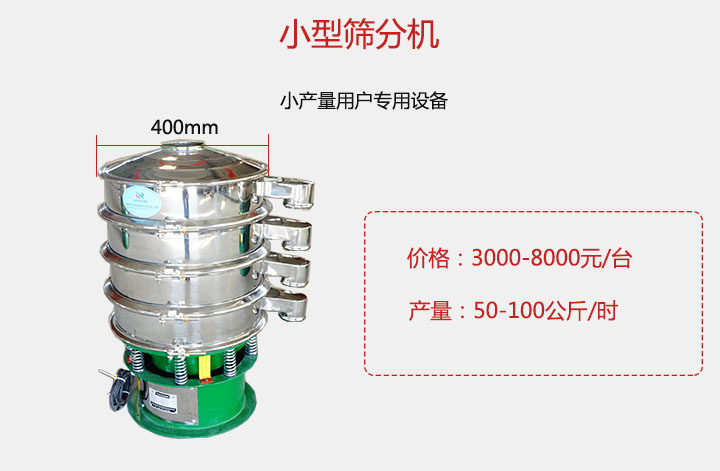 小型篩分機產(chǎn)量可達100公斤/時，價格3000元起。