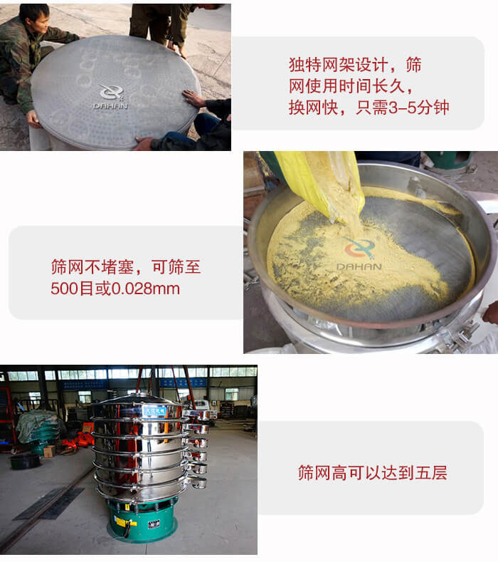 三次元振動篩的特點：篩網使用時間長換讓時間短，篩網不堵塞，可篩至500目或0.028mm。