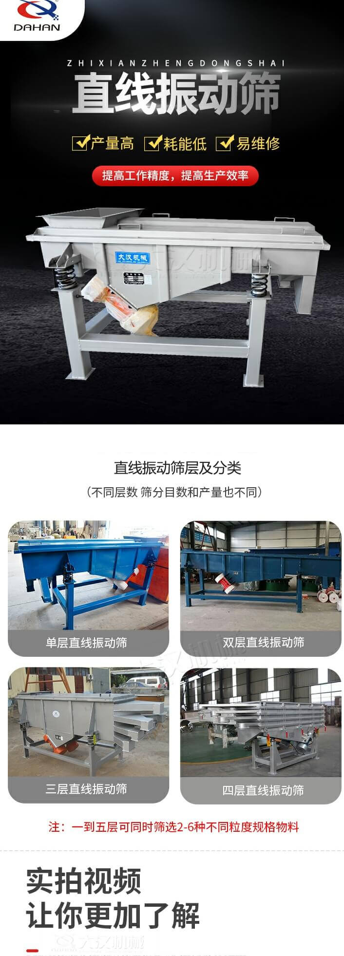 直線振動篩概述，產(chǎn)量高，耗能低，易維修，提高工作精度，提高生產(chǎn)效率，直線振動篩層級分類：不同層數(shù)，篩分目數(shù)和產(chǎn)量也不同：單層，雙層，三層，四層等。