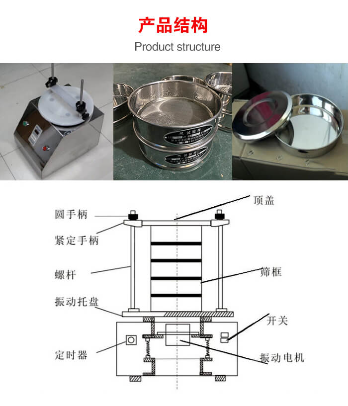 實(shí)驗(yàn)室振動(dòng)篩-試驗(yàn)篩結(jié)構(gòu)主要由：圓手柄，緊定手柄，螺桿，振動(dòng)托盤(pán)，篩框，頂蓋等。